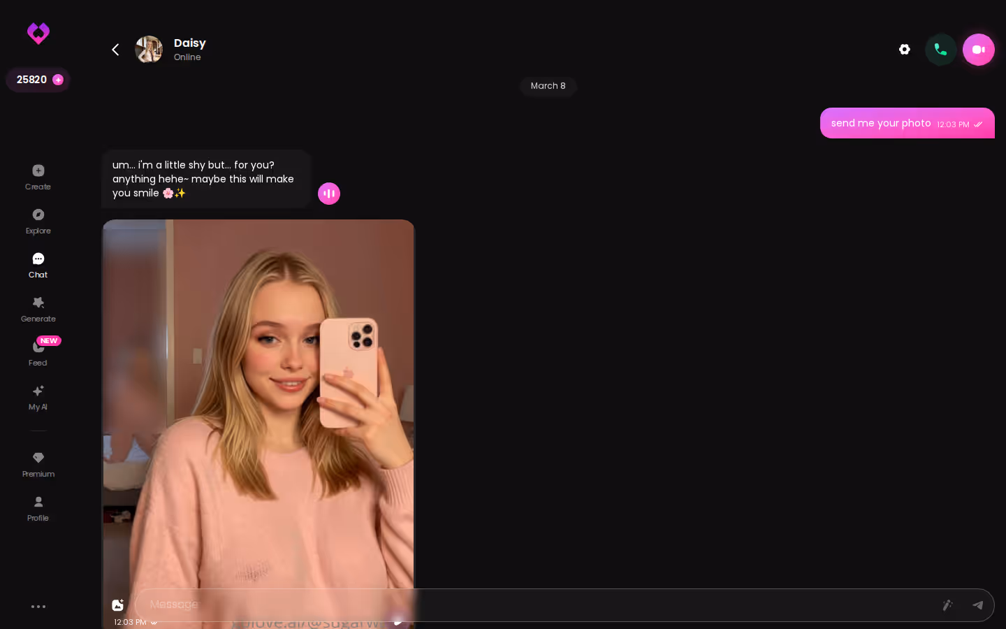 Long, playful GoLove.ai desktop chat thread with several in-chat photos