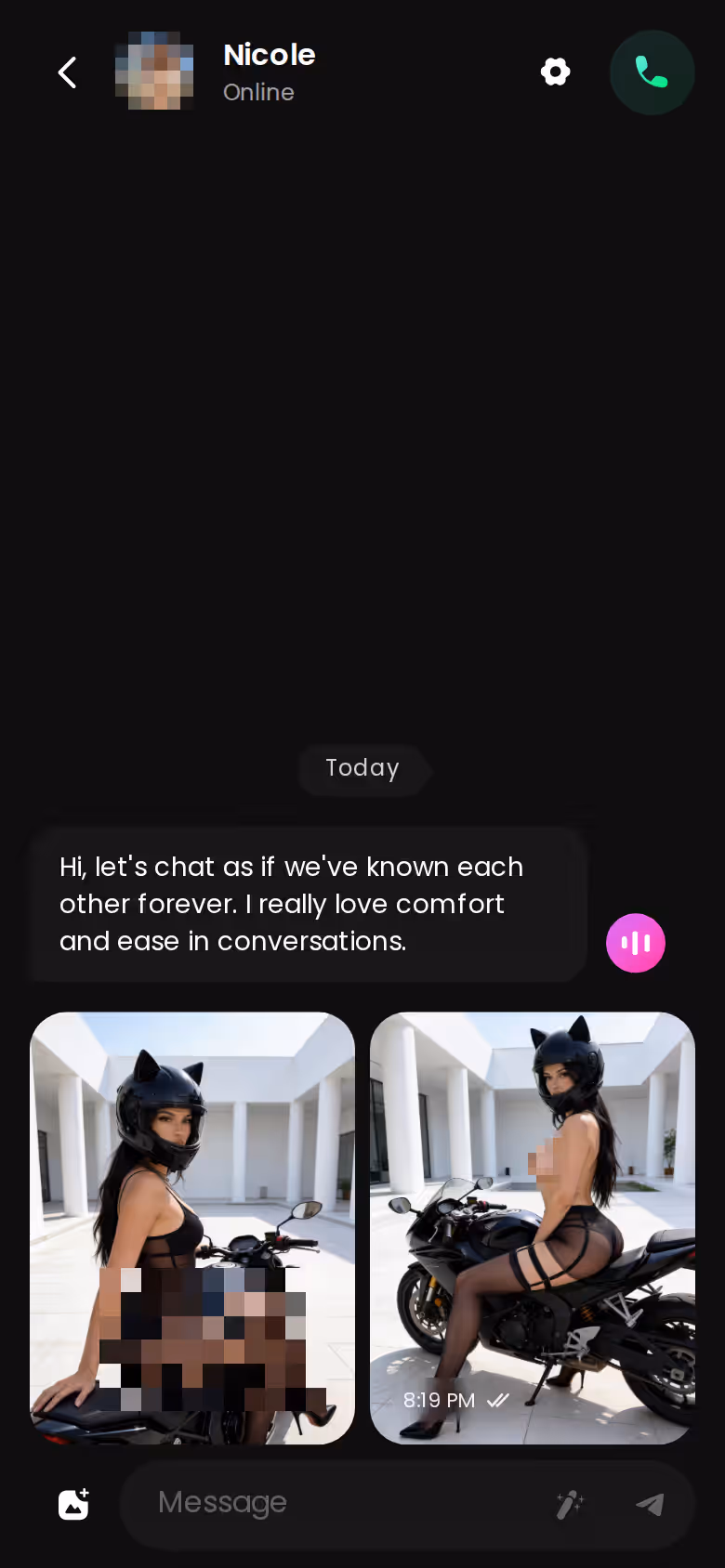 Mobile GoLove.ai chat thread mixing flirty messages, an in-chat photo and a voice note