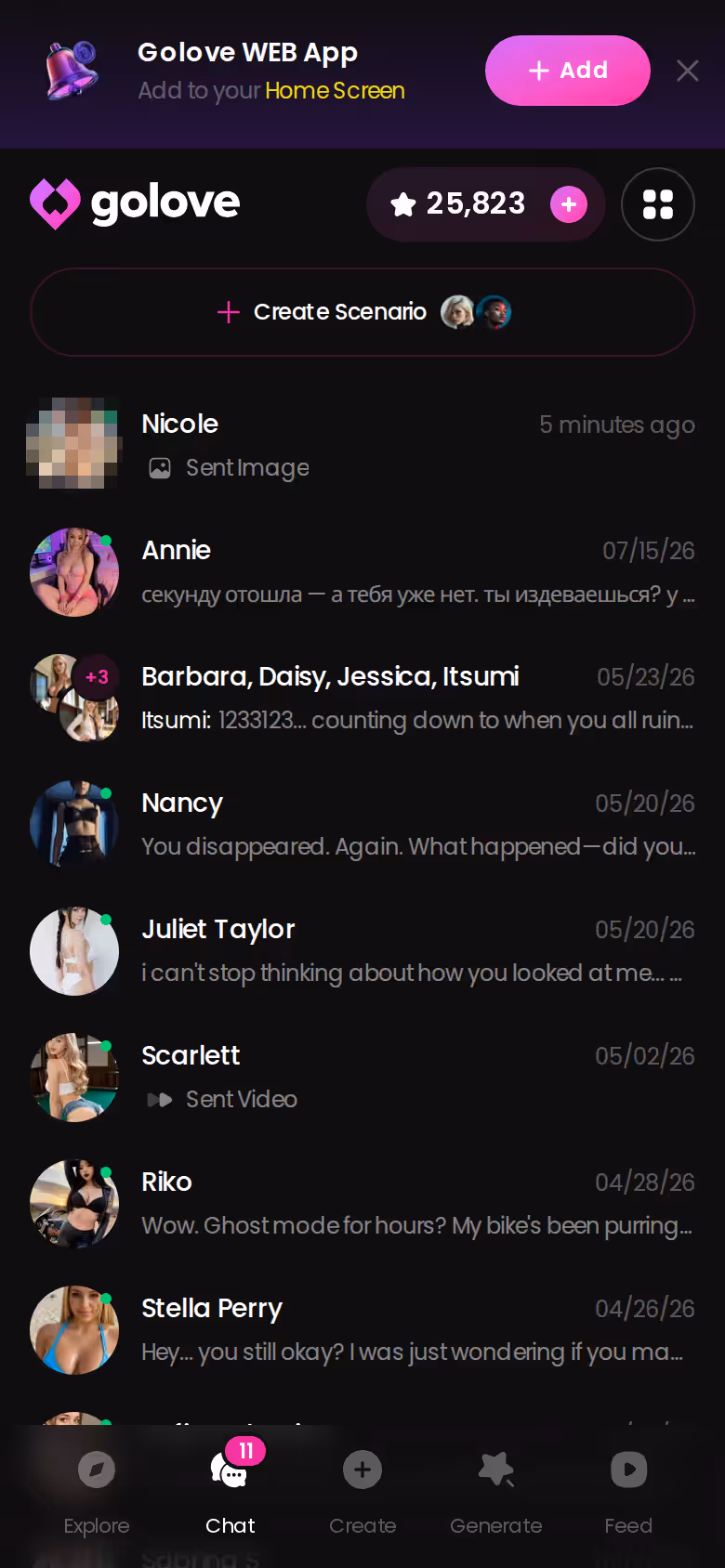 GoLove.ai chats list on mobile showing every companion with last-message previews