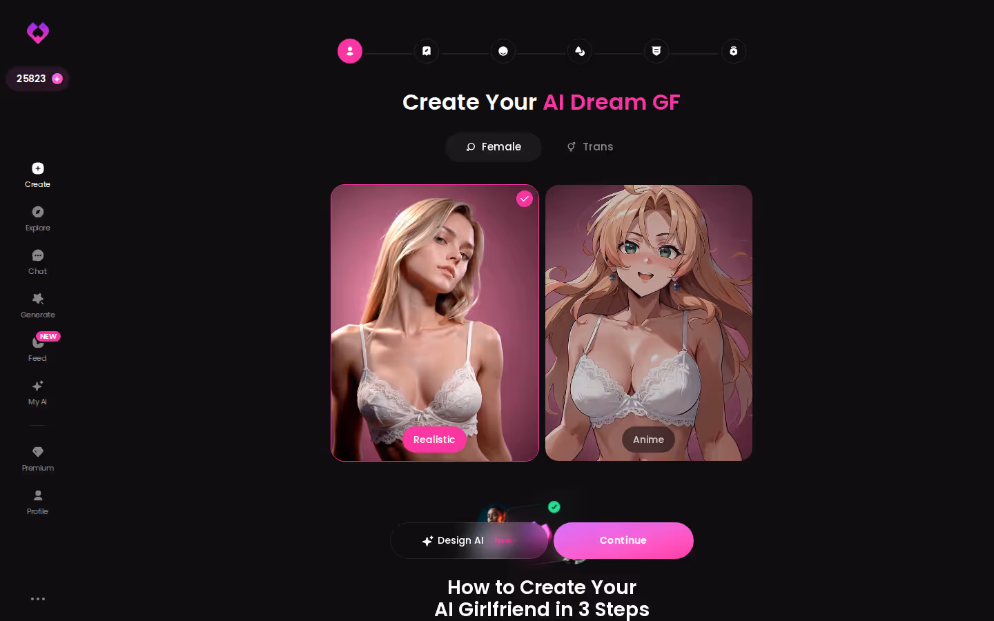 GoLove Create wizard start screen with Realistic, Anime and Trans options