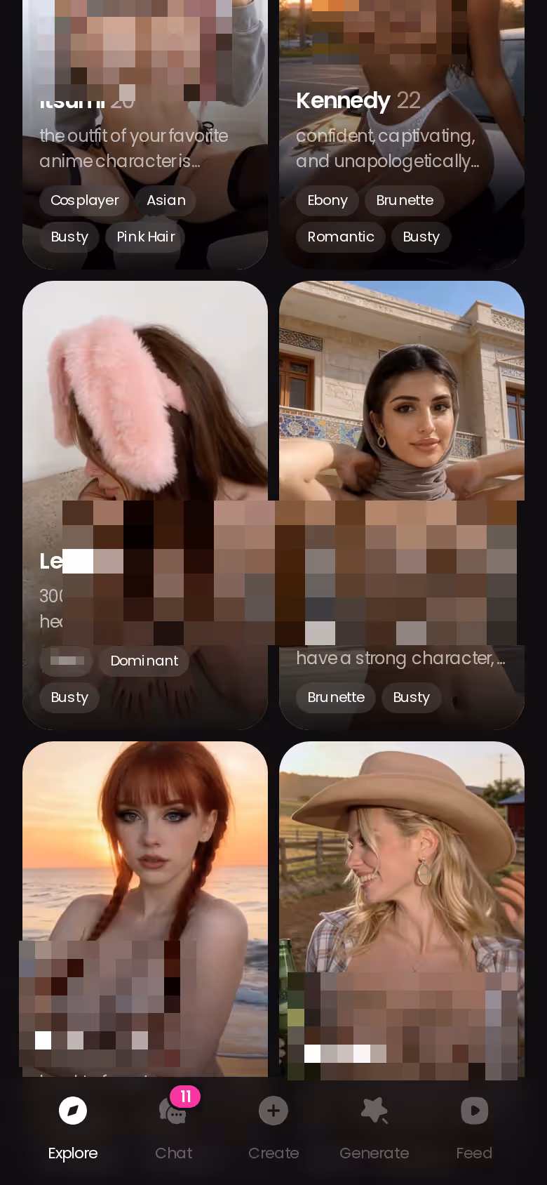 GoLove.ai Explore grid on mobile, photoreal characters ready to chat