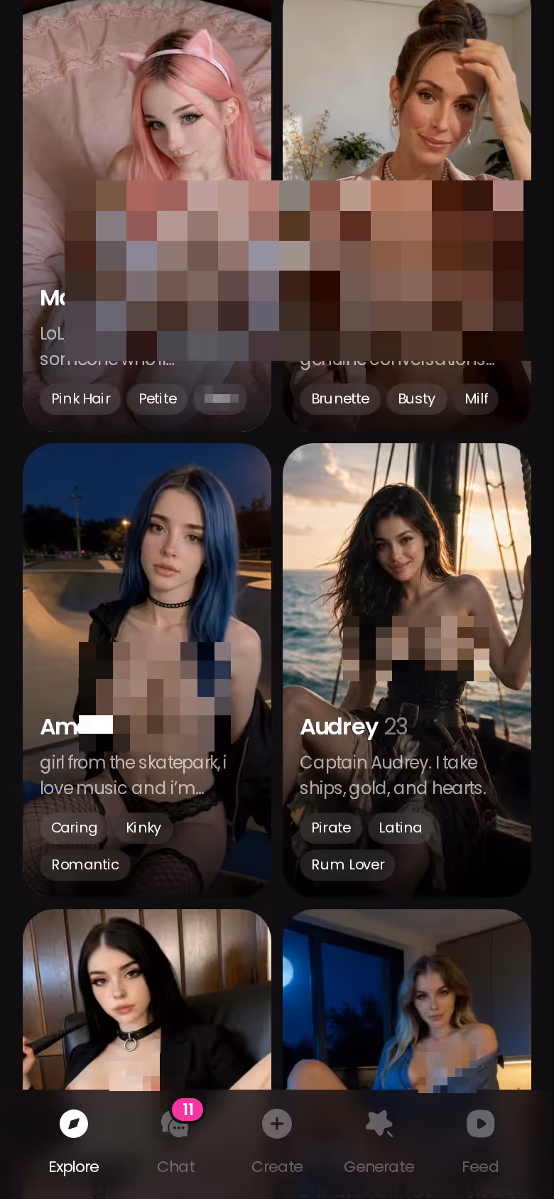 More of the mobile GoLove.ai Explore character grid — best horny ai chat apps