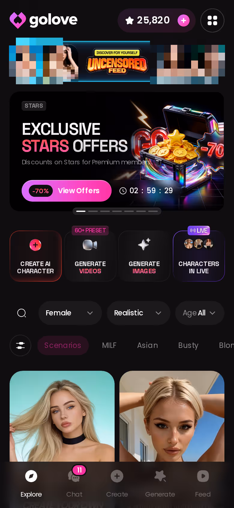 Mobile GoLove.ai Explore page with banners and character grid — ai girlfriend uncensored
