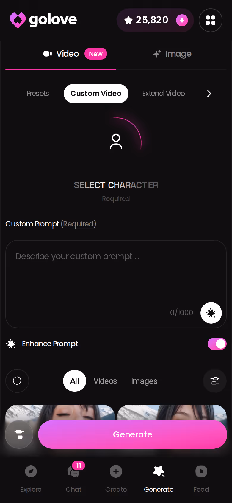 GoLove.ai Custom Video screen on mobile showing the paid generation layer